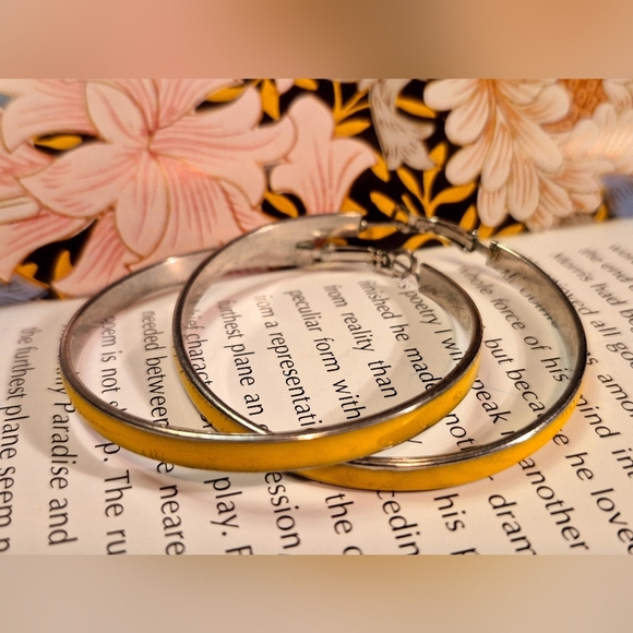 Bright Yellow Enemal Hoop Earrings - Picture 2 of 9